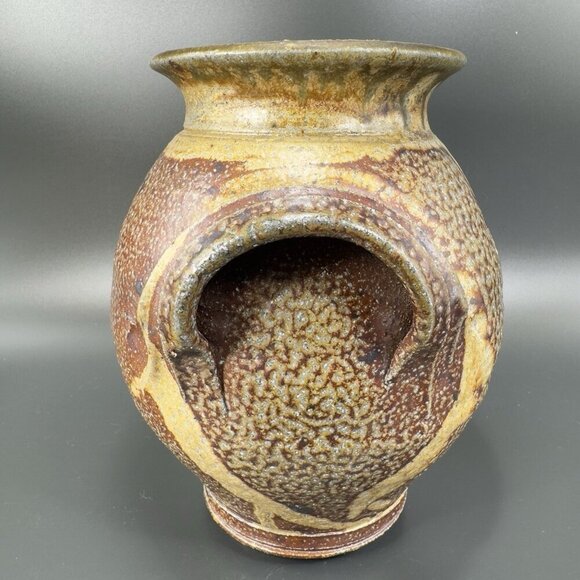 Vintage Hand Made USA Pottery Stoneware Vase Round Bottom Heavy With Handles VTG - Picture 11 of 13